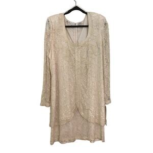 NWT Scala Holiday Party Dress Champagne Ivory Lace‎ Pearl Beaded Midi 2X